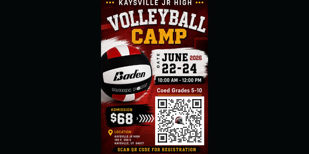 Image of a baden brand volleyball and a QR code with the KJH Knight logo, image of of a knight in armor pointing a sword kaysville jr high volleyball camp date june 22-24 2026 10:00 am - 12:00 pm coed grades 5-10 admission $68 location kaysville junior high 100 e 350 s kaysville ut. 84037 can qr code for registration