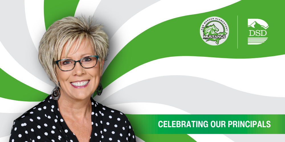 A principal in front of a wavy background with a banner that reads "Celebrating Our Principals"