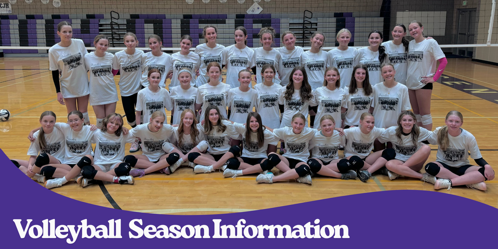 Picture of 2025 SY Girls Volleyball team in front of a volleyball net in Centennial's Gym with a purple wave and white wording - Volleyball Season Information