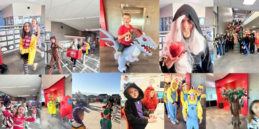A collage of photographs showing elementary students and staff participating in a school wide costume parade. Children wear a variety of costumes including animals, storybook characters, superheroes, and group themed outfits. Students walk through school hallways, gather in large groups, and line up outdoors while adults supervise. The images capture students smiling, posing, and moving together in a festive school environment decorated with student artwork and bright colors.