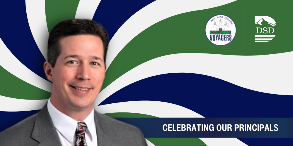 A principal in front of a wavy background with a banner that reads "Celebrating Our Principals"