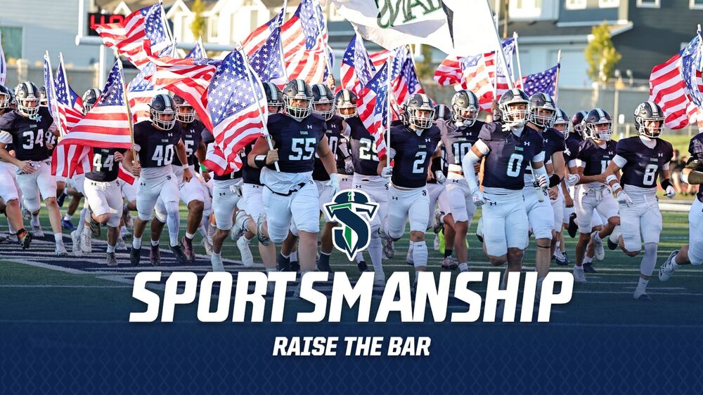 SPORTMANSHIP: RAISE THE BAR, football team running onto the field with american flags