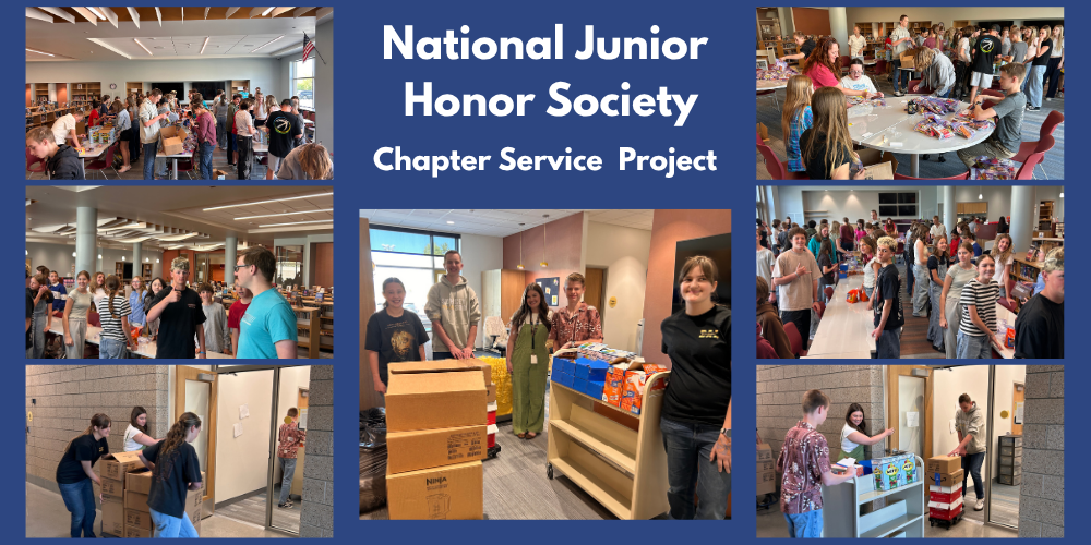Title: National Junior Honor Society Chapter Service Project. Images of NJHS students assembling snack packs. Other images show students delivering the snacks to the Sundevil Spot.