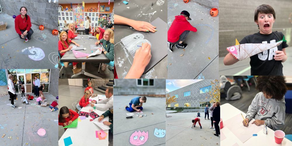 A collage of photographs showing elementary students participating in art activities both indoors and outdoors. Students are seated at tables drawing and crafting with paper, markers, and paint, while others kneel on a concrete courtyard drawing with sidewalk chalk. Some students work independently while others collaborate in small groups. Adults are present assisting students. Finished artwork, chalk drawings, and craft materials are visible throughout the scenes, highlighting hands on creative learning in a school environment.