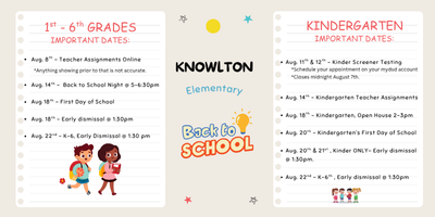 Back to School Info, 1st - 6th Grade (Aug 8th (Teacher Assignments OnLine (anything showing prior to that is not accurate), Aug.. 14th - Back to School Night @ 5:00 - 6:30 pm), Aug. 18th - First Day of School and Early Dismissal @ 1:30 pm, Aug. 22nd - Early Dismiisall @ 1:30 pm, Kindergarten - Kinder Screener Testing (schedule your appointment on mydsd account & close @ midnight on August 7th, Aug. 14th - Kindergarten Teacher Assignments, Aug. 18th - Kindergarten Open House 2-3 pm, Aug. 20th - Kindergarten First Day of School, Aug. 20th & 21st - Kinder Only, Early Dismissal @ 1:30 pm, Aug. 22nd - Early Dismissal @ 1:30 pm