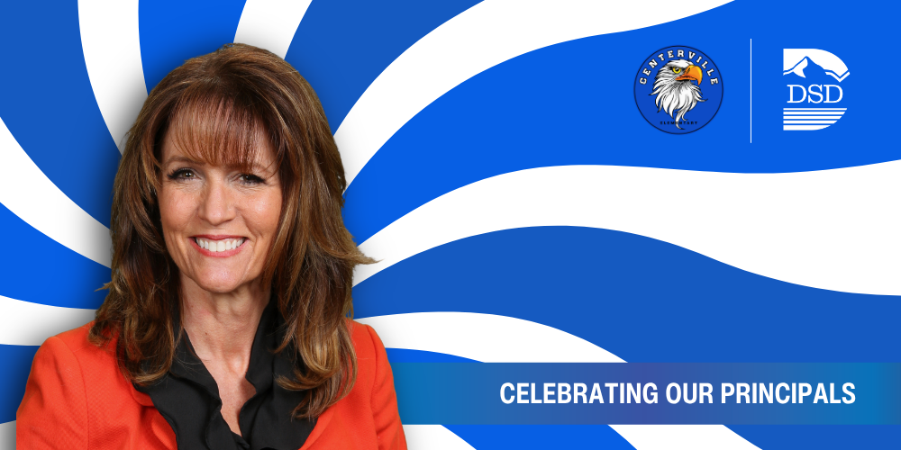 A principal in front of a wavy background with a banner that reads "Celebrating Our Principals"