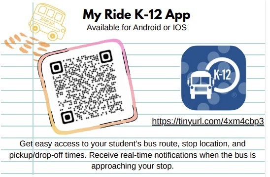 Scan QR Code to get easy access to your childs bus route, stop location, and pick up/drop off times. Recieve real time notifications when the bus is approaching your stop