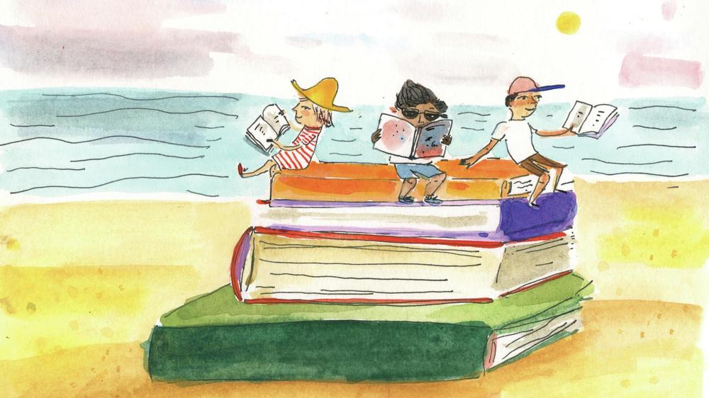 Illustration of kids sitting on a stack of books next to the ocean