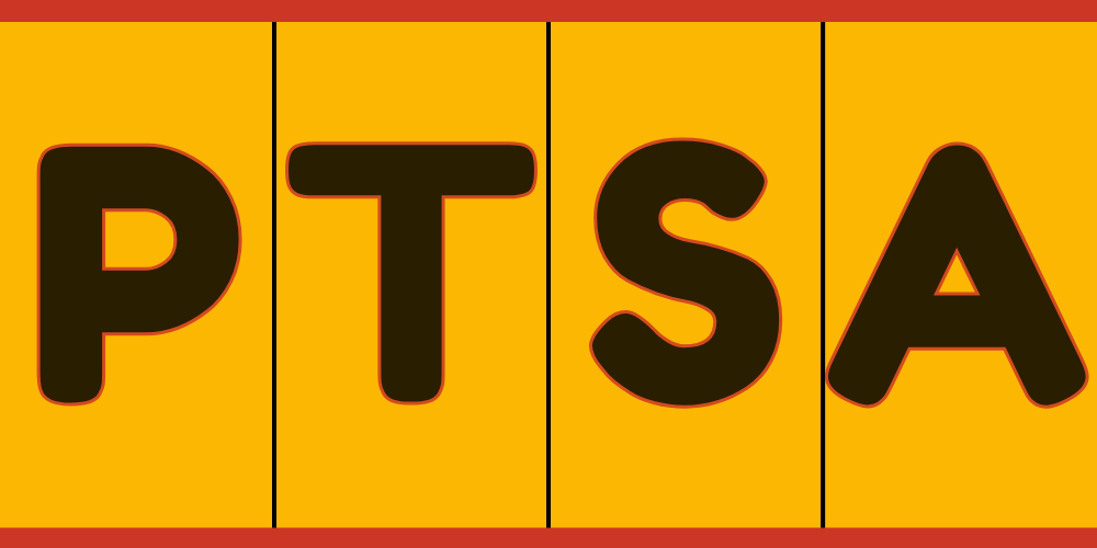 A bold graphic with a yellow background and red borders, divided into four vertical panels. Each panel contains one large black letter, spelling out “PTSA.”