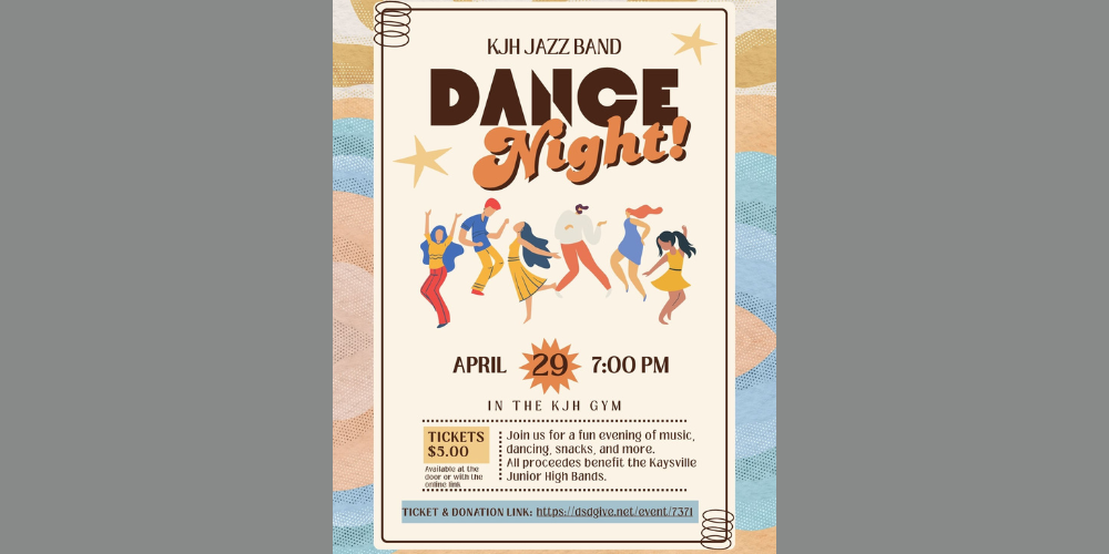 image of people dancing in different poses. kjh jazz band dance night! april 29 7:00 pm in the kjh gym tickets $5.00 available at the door or with the online link join us for a fun evening of music, dancing, snacks, and more. All proceeds benefit the kaysville junior high bands. ticket & donation link, https://dsdgive.net.event/7371
