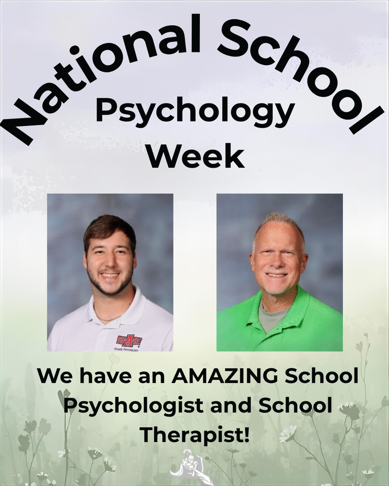 image of Brody Davis and Rich Percifield and the kjh knight logo a knight pointing a sword holding a shield national school psychology week we have an amazing shool psychologist and school therapist!