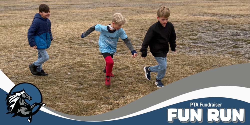 Image of students running. Blue, gray, and white overlay with Taylor Elementary Logo and the text, "PTA Fundraiser FUN RUN."