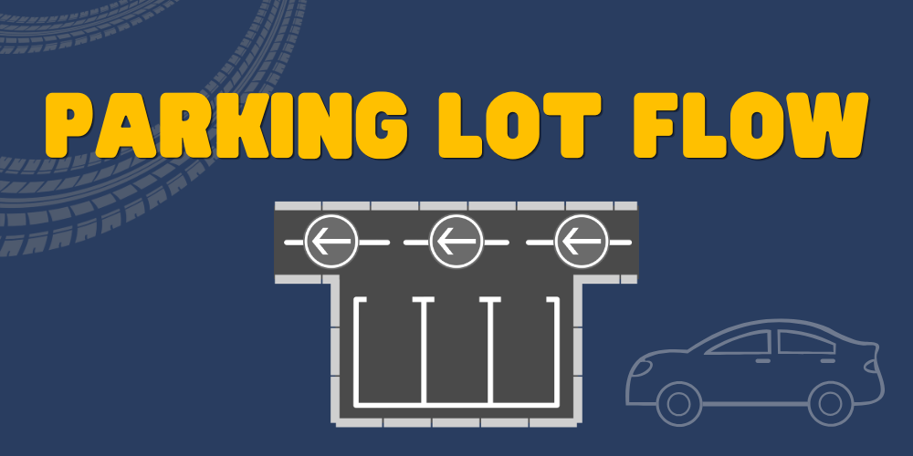 Parking Lot Flow Text with Graphics of parking stalls and arrows , car icon and tire marks background