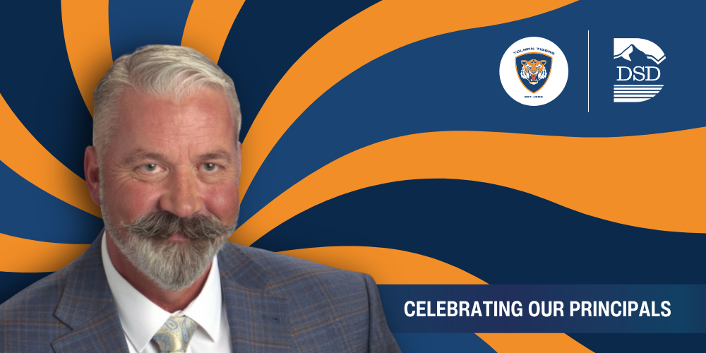 A principal in front of a wavy background with a banner that reads "Celebrating Our Principals"