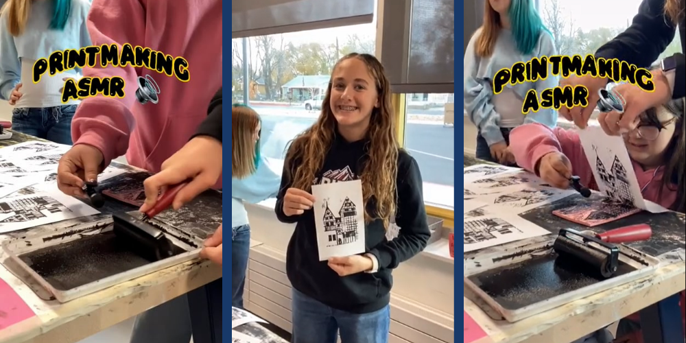 Printmaking ASMR Video with pictures of students showing the process of printmaking.