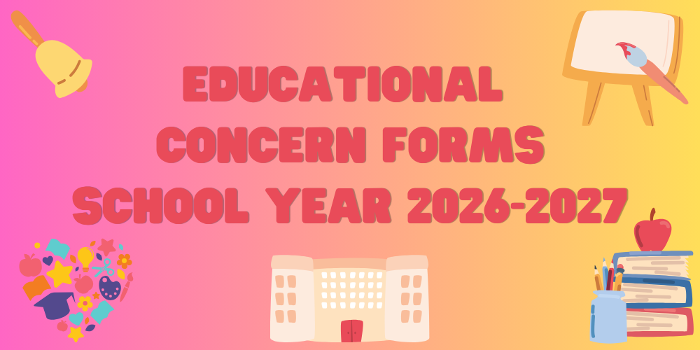 Educational Concern Forms  - School Year 2026-2027 with pink and yellow gradient and red text. Graphics including school bell, easel and paint brush, books with apple and pencil jar, school building, and heart shaped graphic