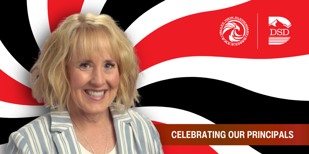 A principal in front of a wavy background with a banner that reads "Celebrating Our Principals"