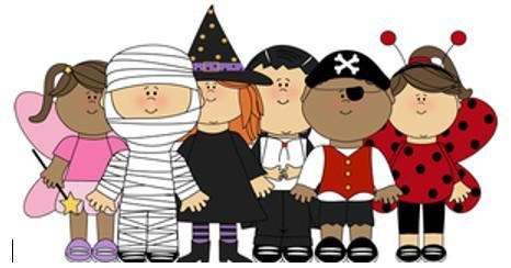 Children in halloween costumes. A fairy, mummy, witch, vampire, pirate and lady bug.