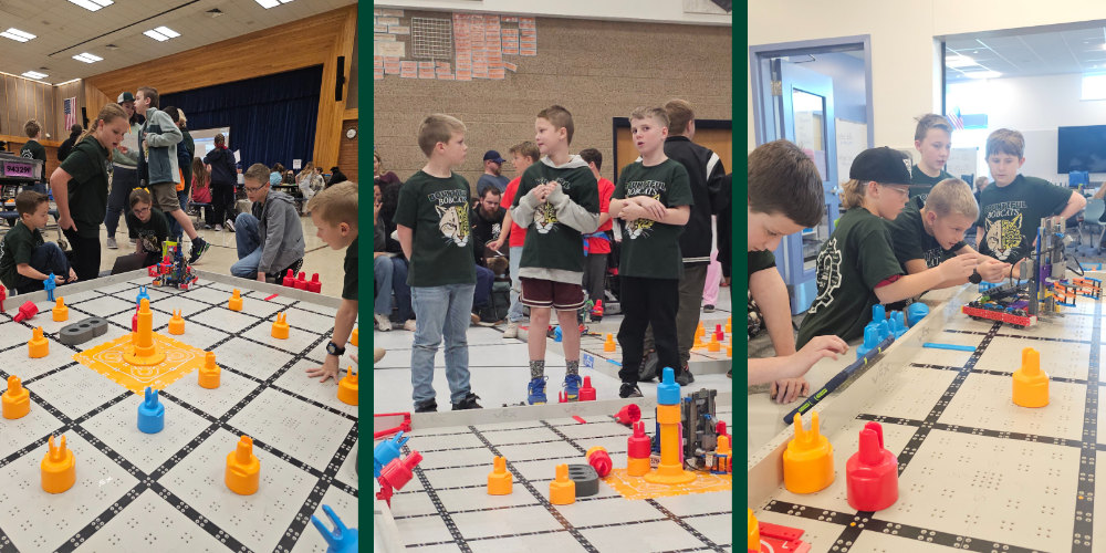 Collage of Bountiful Elementary robotics students competing with VEX IQ robots on game field and posing together after a competition with awards.