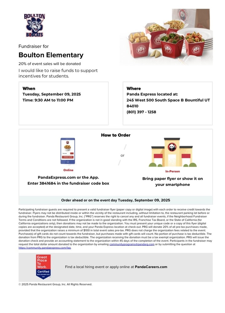 Image of flier with info for Panda Express Fundrasier Night