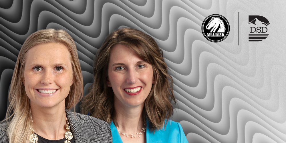 Two assistant principals on a gray and black wavy background with the Millcreek Junior High and DSD logos. 
