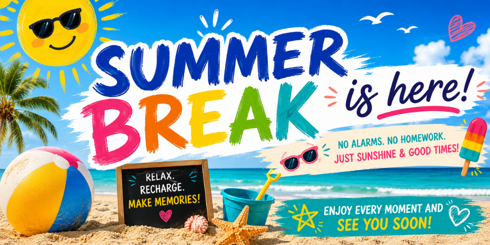Summer Break is here! no alarms. no homework. just shunshine and good times! relax. recharge. make memories! Enjoy every moment and see you soon!