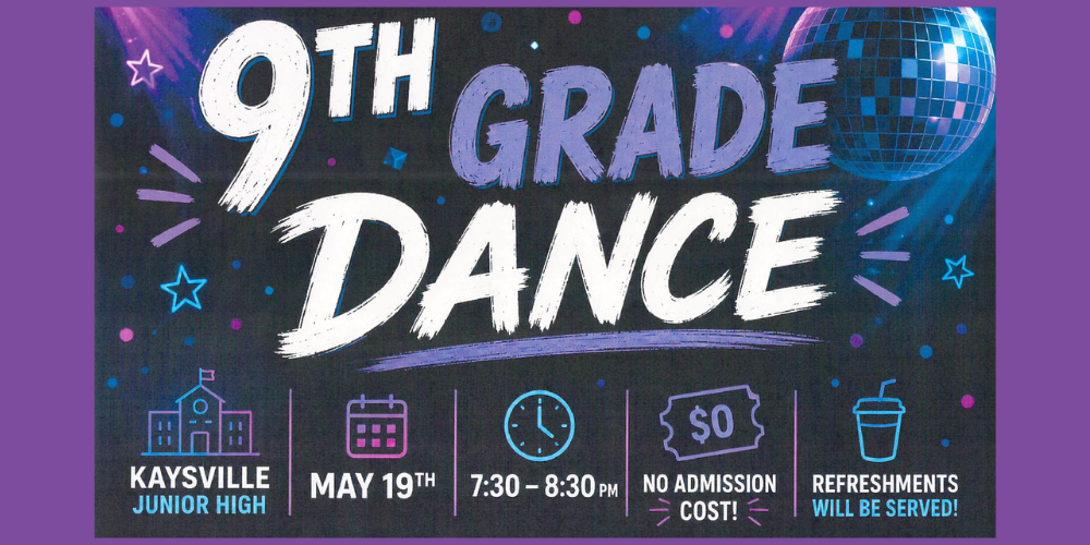 image of a disco ball, school, calendar, clock, ticket stub. drink with straw. 9th grade dance kaysville junior high may 19th 7:30 - 8:30 pm no admission cost! refreshments will be served!