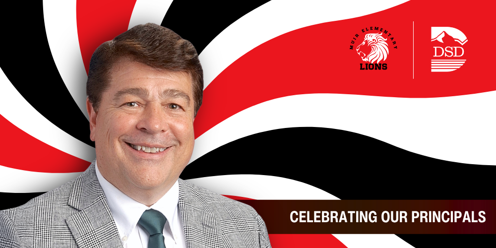 A principal in front of a wavy background with a banner that reads "Celebrating Our Principals"