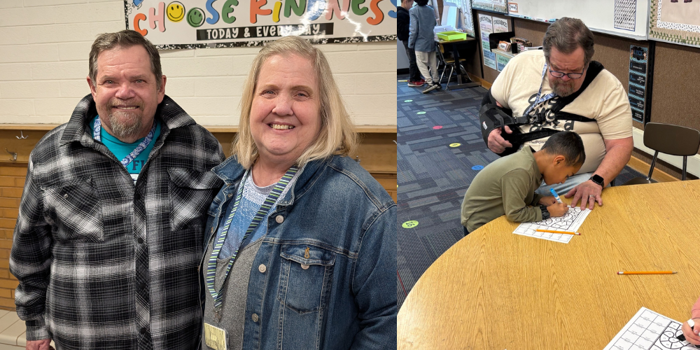 Our foster grandparents, Bill and Janet, standing in the hallway at school. There is also a picture of Bill working with a  student at a table in the classroom. 