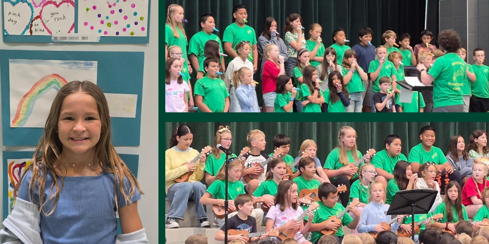 Bountiful Elementary students celebrate creativity and community through a choir performance and Kind Kids Club art show, with students singing and playing ukuleles on stage and a smiling student standing beside colorful kindness-themed artwork.