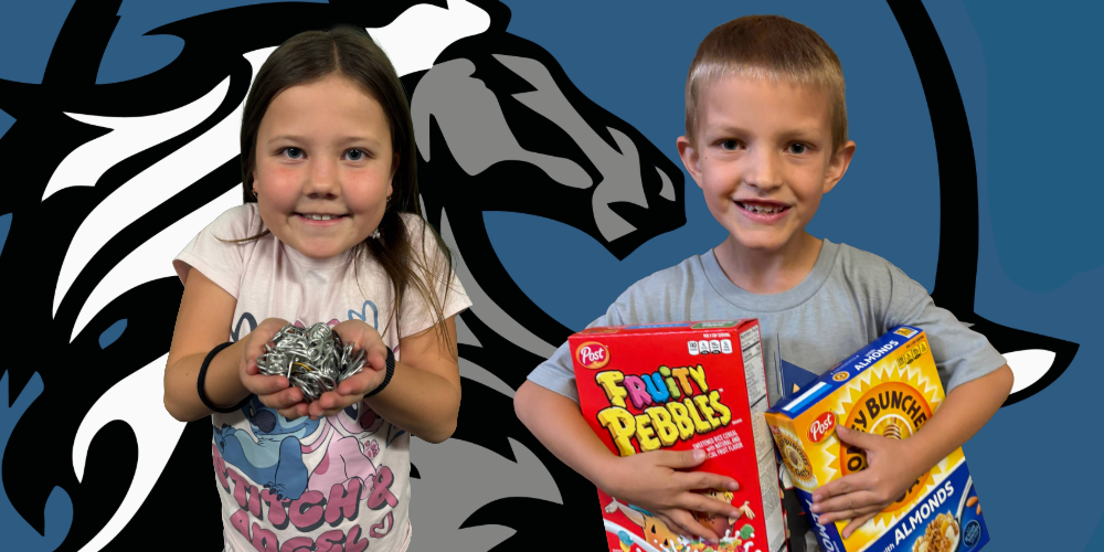 Mustang logo background with images of students holding pop tabs and cereal boxes.