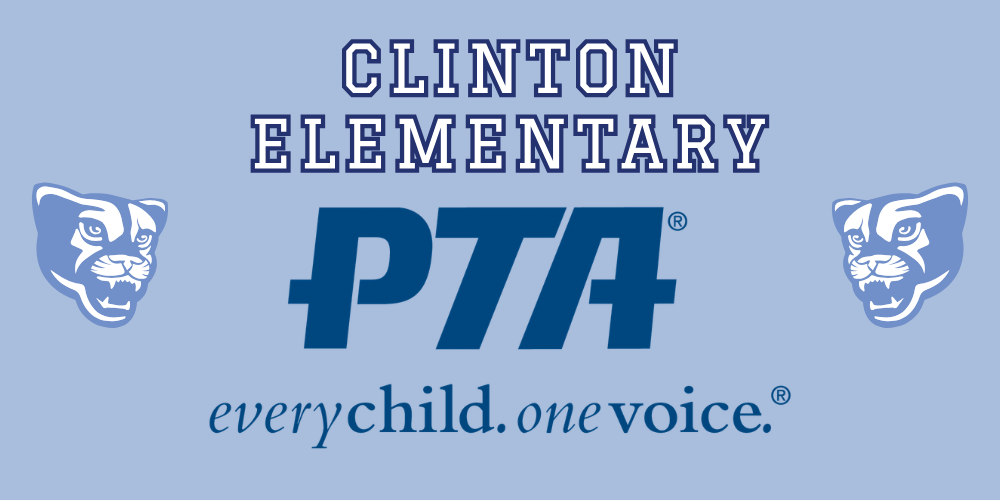 Clinton Elementary & PTA every child. one voice. with blue background and clinton cougar logos