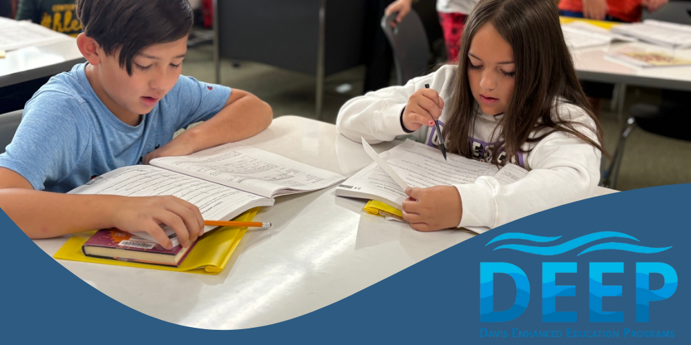 Image of students learning together. Blue overlay with the DEEP logo: Davis Enhances Education Programs
