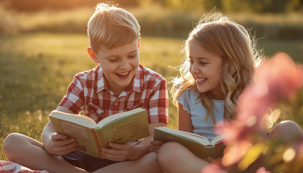 Children sitting outside on grass reading books