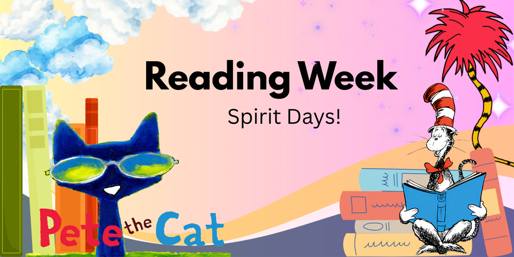 Book characters surround the words "Reading Week Spirit Days!". Blue clouds, stacked books and a pink tree. 