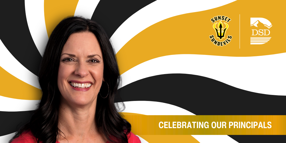 A principal in front of a wavy background with a banner that reads "Celebrating Our Principals"