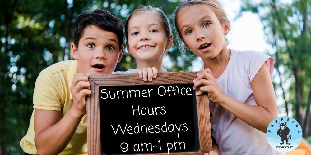 Three students holding a sign that reads "summer office hours Wednesdays 9 am-1pm