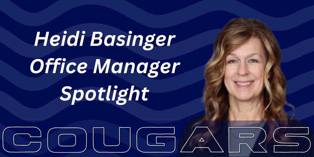 Heidi Basinger - Office Manager Spotlight - Cougars text and picture of Heidi Basinger with Wave Lines Background
