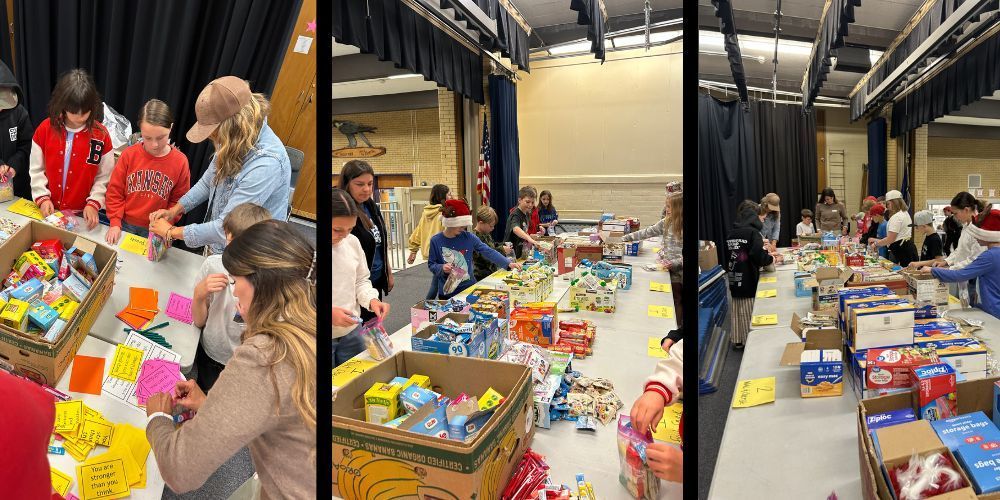 children putting together pantry packs on the stage at school
