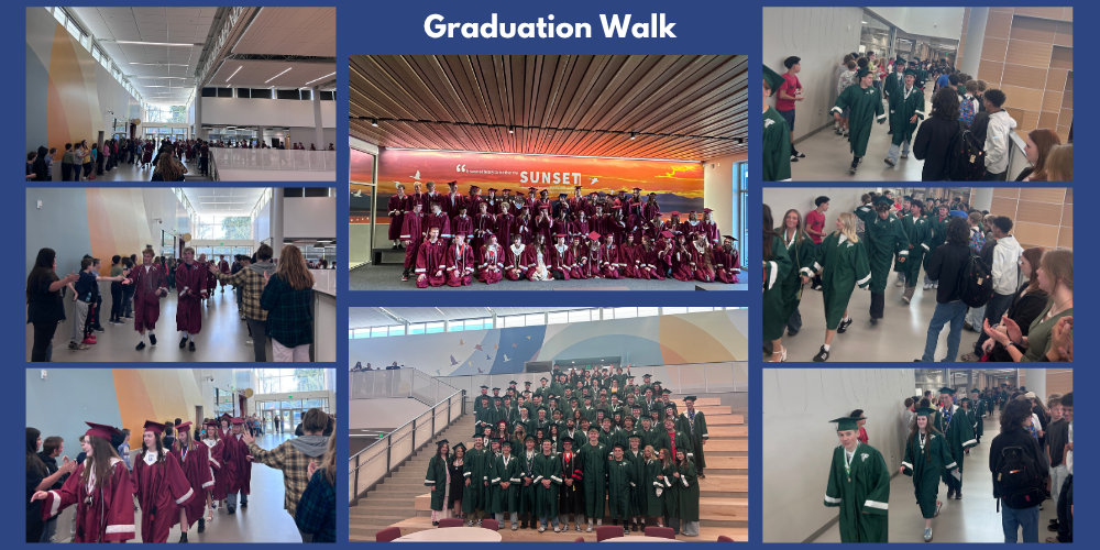 Former Sunset Junior High students who are graduating walking through the halls.