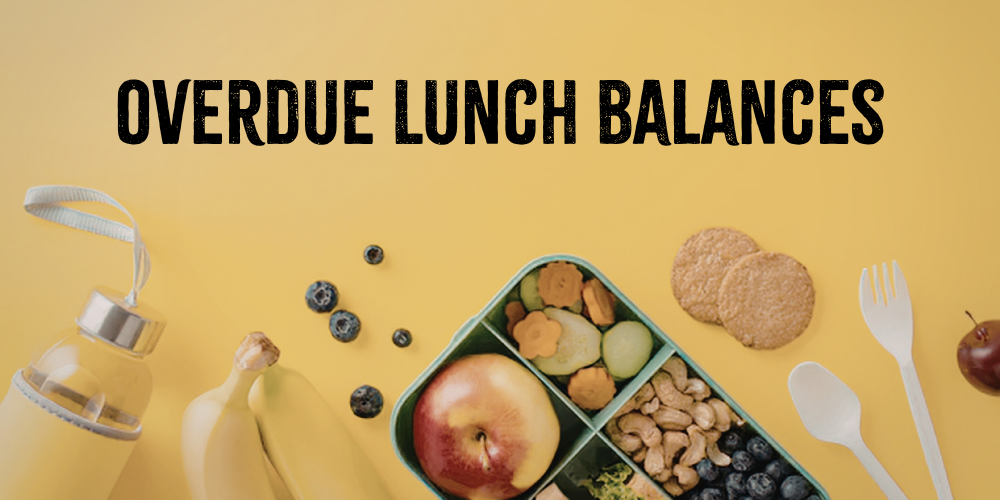 Overdue Lunch Balances with pictures of food, tupperware of lunch items and a water bottle