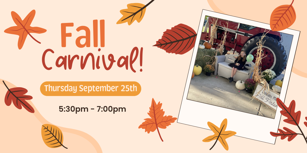 Fall carnival with student sitting in front of tractor