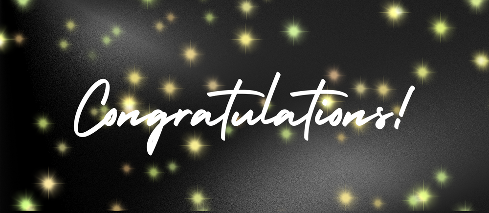 THe word congratualtion on a black background with green and yellow sparkles