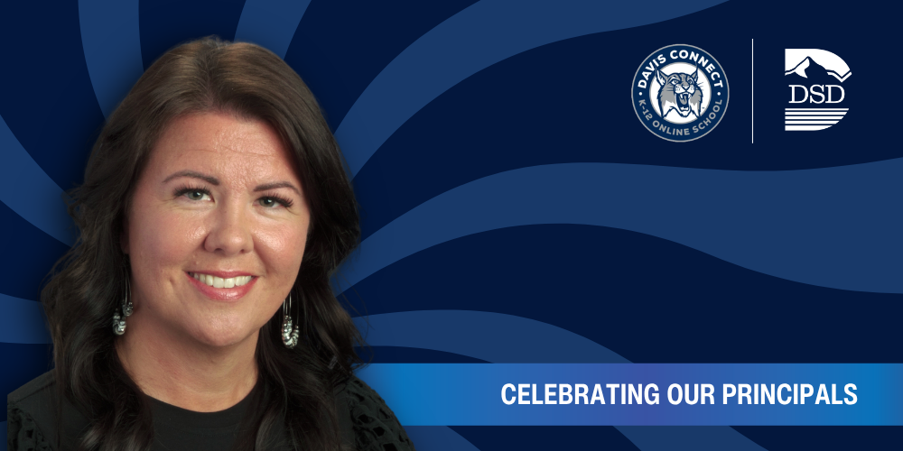 A principal in front of a wavy background with a banner that reads "Celebrating Our Principals"