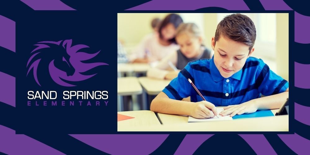 Photo of a student taking a test and the Sand Springs Elementary Logo