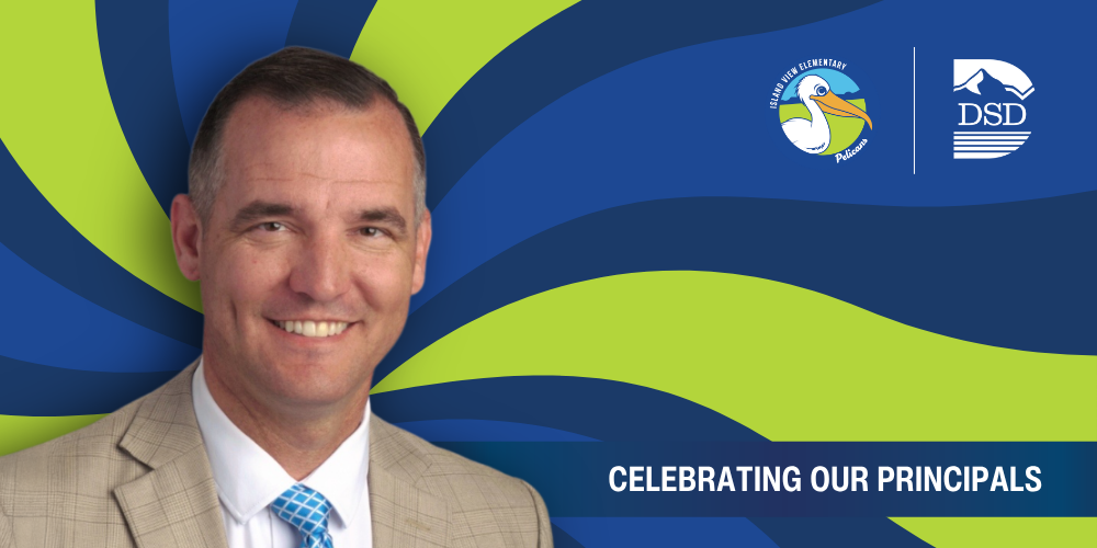 A principal in front of a wavy background with a banner that reads "Celebrating Our Principals"