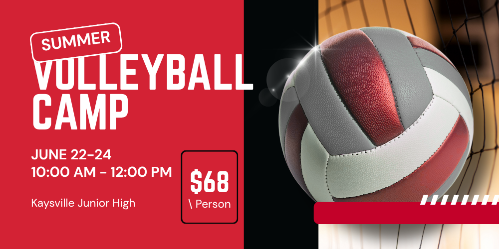 image of a volleyball hitting a net summer volleyball camp june 22-24 10:00 am - 12:00 pm kaysville junior high $68/person