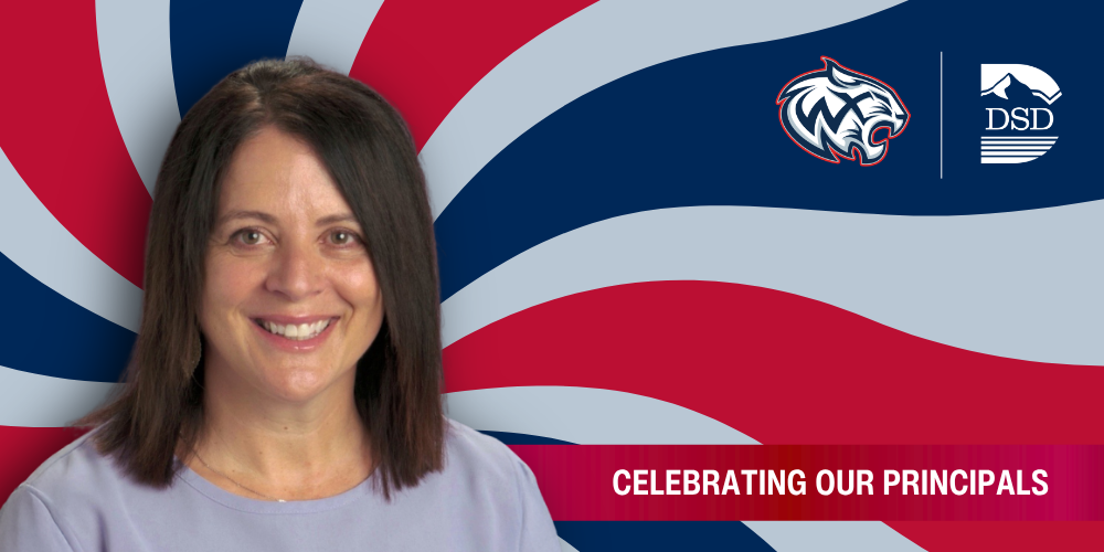 A principal in front of a wavy background with a banner that reads "Celebrating Our Principals"