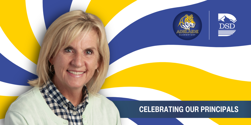 A principal in front of a wavy background with a banner that reads "Celebrating Our Principals"