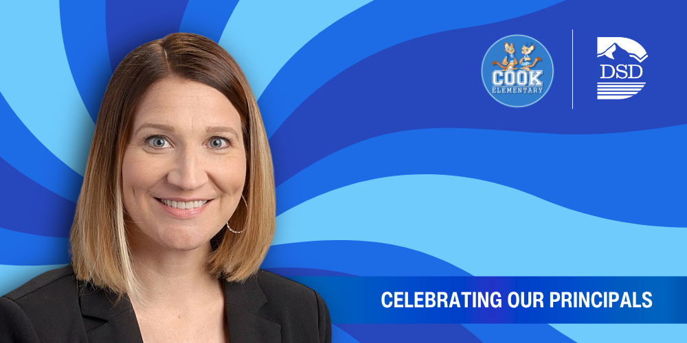 A principal in front of a wavy background with a banner that reads "Celebrating Our Principals"